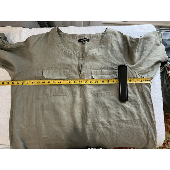 Linen Blouse Zip lagenlook Tunic 2X Roll Tab Short Sleeve sage , oxidized Gold - Picture 6 of 7